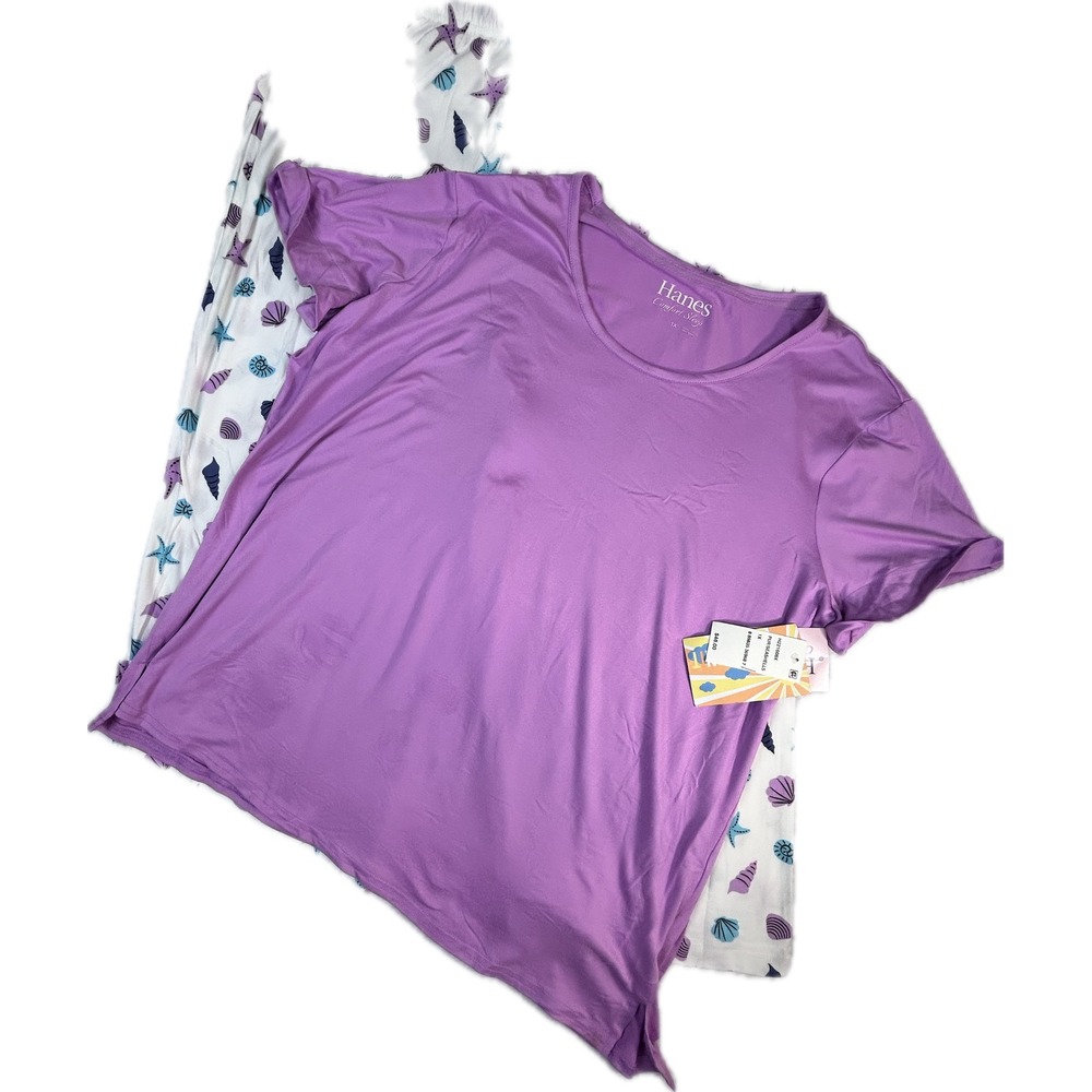 Hanes ComfortSoft Womens Pajama Set 1X Purple Seashell Starfish Lounge Sleepwear